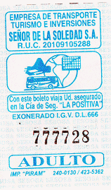 Hellblau-weisses Busbillet der Busfirma
                        "Se�or de la Soledad SA"