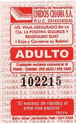 Rotes Busbillet der Busfirma "Unidos
                        Chama SA" mit einem Spruch von Moli�re