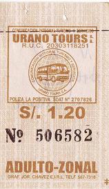 Braun-weisses Busbillet der Busfirma
                        "Urano Tours"