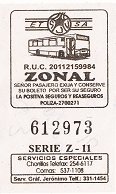 Billete de bus negro y blanco de la empresa
                        de bus E.T. AS, l�nea 3, de Comas a Chorrillos