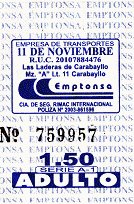 Billete
                        de bus blanco y azul de la empresa de bus
                        "Emptonsa"