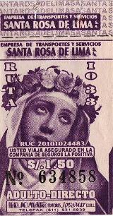 Violettes Busbillet der Busfirma
"Santa Rosa de Lima", Buslinie IO33 Violettes Busbillet der Busfirma
"Santa Rosa de Lima", Buslinie IO33