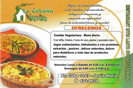 Jesus Maria: Vegetarisches Restaurant,
                        Avenida Cuba 1147, Jes�s Maria, Lima, Per�, Tel.
                        01-4718074, Flugblatt