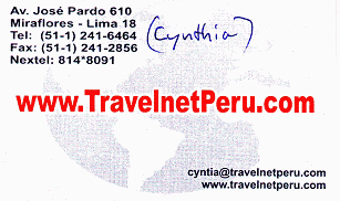 Visitenkarte des Reiseb�ro Travelnet in
                      Miraflores, R�ckseite