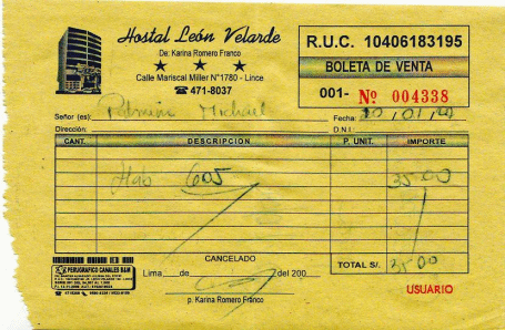 Boleto de hostal para Michael Palomino del
                        20-1-2007, hostal Le�n Velarde en Lince, Lima,
                        Per�
