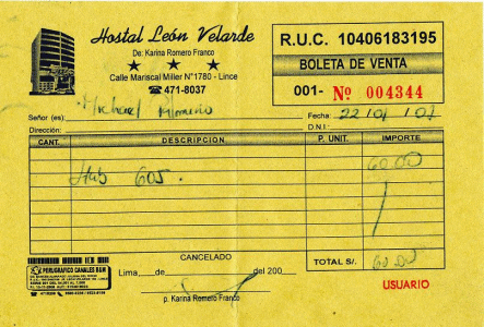 Hotelquittung f�r Michael Palomino vom
                        22.1.2007, Hostal Leon Velarde in Lince, Lima,
                        Peru