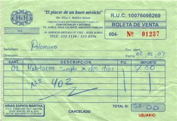 Hotelquittung f�r Michael Palomino vom
                        1.2.2007 vom Hostal Horacio in Jesus Maria,
                        Lima, Peru
