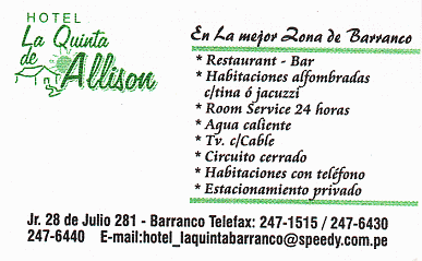 Visitenkarte des Hotels "La Quinta de
                        Allison" in Barranco, Lima, Peru