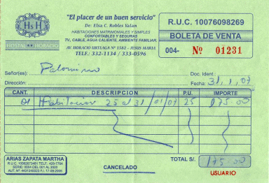 Boleto de hostal para Michael Palomino del
                        31-1-2007 del hostal Horacio en Jes�s Mar�a,
                        Lima, Per�