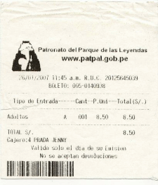 Lima: Quittung des Zoos "Parque de las
                        Leyendas" vom 26.1.2007