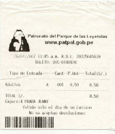Lima:
Quittung des Zoos "Parque de las
Leyendas" vom 26.1.2007 Lima: Quittung des Zoos "Parque de las
Leyendas" vom 26.1.2007