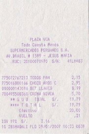 Lima:
Quittung aus dem Einkaufszentrum Todo Cuesta
Menos vom 29.1.2007 Lima: Quittung aus dem Einkaufszentrum Todo
Cuesta Menos vom 29.1.2007