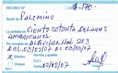 Lima: Quittung aus
Miraflores für die Miete einer Wohnung für einen
Monat an der Avenida Bolognesi, 2.2.2007 Lima: Quittung aus Miraflores für die Miete
einer Wohnung für einen Monat an der Avenida
Bolognesi, 2.2.2007