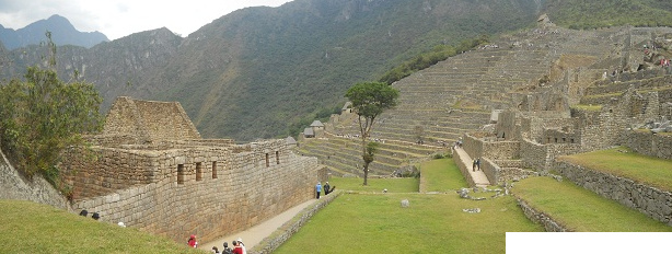 Machu Picchu: Vista de la plataforma
superior al muro grande con la plaza central, con
el árbol y con el sector agricola Machu
Picchu: Vista de la plataforma superior al muro
grande con la plaza central, con el árbol y con el
sector agricola