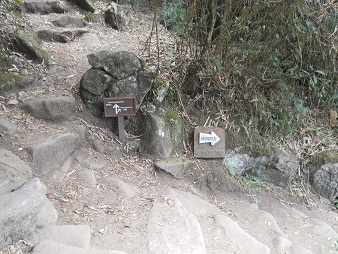 Camino y placas: la partici�n de caminos al
                    mirador peque�o Huchuypicchu y al mirador grande
                    Huaynapicchu (Waynapicchu)