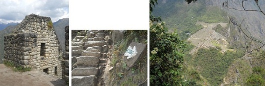 Retorno del mirador Huaynapicchu:
                                casita, escaleras irregulares, vistas