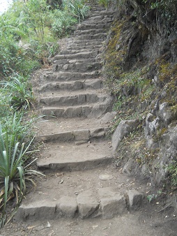 Wanderweg zum Hausberg Huaynapicchu mit Treppen
                    und unregelm�ssig verschobenen Steinen