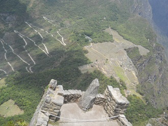 die Sonnenuhr von Huaynapicchu mit der Sicht auf Machu Picchu