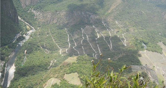 Machu Picchu, Sicht vom Weiler Huaynapicchu auf die Serpentinenstrasse, die von der Ortschaft Aguas Calientes (Heisse Wasser) nach Machu Picchu heraufkommt, ohne Sonnenuhr, Panoramafoto