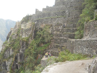 Weiler Huaynapicchu mit Landwirtschaftsterrassen und einer weiteren Treppe mit Sicherungsseil 01