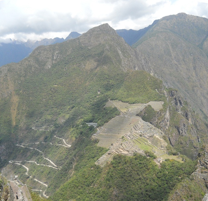 R�ckweg von Huaynapicchu, Sicht auf Machu
                    Picchu, Panoramafoto
