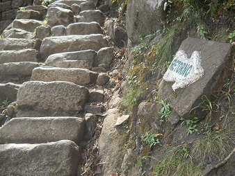 Abstieg von Huaynapicchu, unregelm�ssige, steile
            Treppe, Nahaufnahme 5