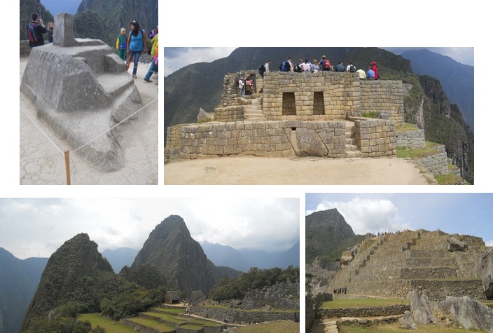 Machu Picchu: Die Sonnenuhr auf der
                                Sonnenpyramide, das Geb�ude auf dem
                                Vorplatz, die Sicht auf die Hausberge
                                Huchuypicchu und Huaynapicchu in Form
                                eines Condor-Adlers, der gerade seine
                                Fl�gel hebt, und die Sonnenpyramide mit
                                der Hinteransicht mit Terrassen