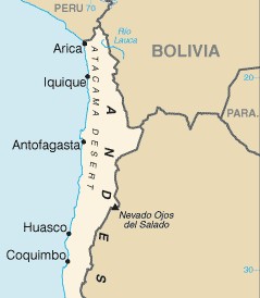 Karte
von Nord-Chile mit der Atacama-Wüste und den Städten
Arica, Iquique, Antofagasta, Huasco und Coquimbo Karte von
Nord-Chile mit der Atacama-Wüste und den Städten Arica,
Iquique, Antofagasta, Huasco und Coquimbo