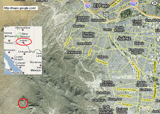 Satellitenkarte mit der Stadt Juarez
an der Grenze zu den "USA" und dem
Pferde-Geoglyph (im roten Kreis) Satellitenkarte mit der Stadt Juarez an
der Grenze zu den "USA" und dem
Pferde-Geoglyph (im roten Kreis)