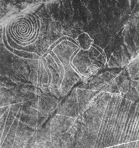 Der
Affe als Geoglyph mit den
Sägezahn-Zickzacklinien daneben Der Affe als Geoglyph mit den
Sägezahn-Zickzacklinien daneben