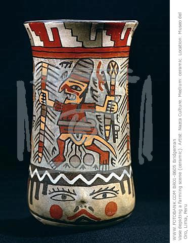 Ein Bauer auf dem Feld,
am oberen Rand mit Treppenmotiven, Vase der
Nasca-Keramik Ein Bauer auf dem Feld, am oberen
Rand mit Treppenmotiven, Vase der
Nasca-Keramik
