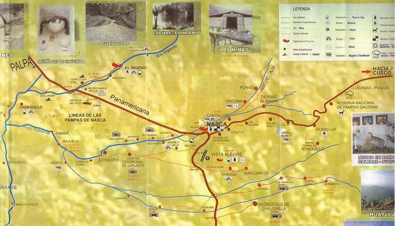 Die gelbe Karte der Region von Nasca mit einigen
                willk�rlich eingezeichneten Linienmotiven, absolut
                falsch eingezeichnet, aber mit vielen Ortschaften,
                D�rfern, Fl�ssen und Bergen, die gut eingezeichnet sind,
                mit dem Aussichtsturm ("Mirador metalico") und
                mit dem Aussichtsh�gel ("Colina"), auch mit
                dem Weissen Berg ("Cerro Blanco") und mit den
                Pyramiden des Zeremonialzentrums des heutigen Cahuachi
                und mit der Pyramide mit dem S�ulenbereich
                ("Estaquer�a"), und mit Distanzangaben.