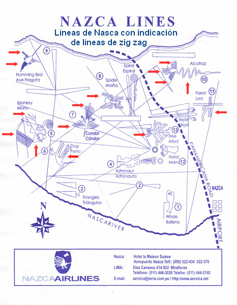 Karte der Linien von Nasca der Firma
              "Nasca Airlines" mit der Angabe der
              fl�chendeckenden Zickzacklinien bei den Bodenzeichnungen
              Kolibri, Affe, Condor, Aronstab (Flamingo, Fischreiher)
              und Papagei; die Beine der Spinne sind in Zickzacklinien
              viel zu dick, und die Beine des Hundes sind in
              Zickzacklinien absolut unnat�rlich kerzengerade, und die
              Wurzeln des Baumes sind ebenfalls in einfachem Zickzack
              ohne jeden Bezug zur Wirklichkeit.