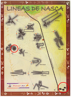 Karte der Linien von Nasca der
                          Fluggesellschaft "Travel Air" mit
                          der Angabe von Spiralen (Affe, Aqu�dukte)