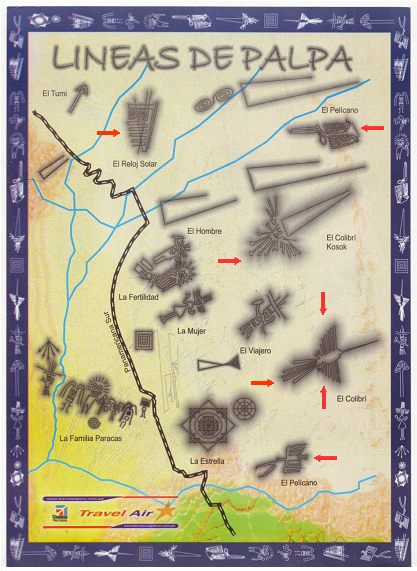 Karte mit den Zeichnungen der
              Geoglyphen von Palpa mit Zickzacklinien, um Fl�chen oder
              Federfl�gel zu bezeichnen: bei der Sonnenuhr (Reloj
              Solar), beim Pelikan (Pel�cano), beim Kolibri von Herrn
              Kosok (Colibr� Kosok), und beim zweiten Pelikan
              (Pel�cano).
