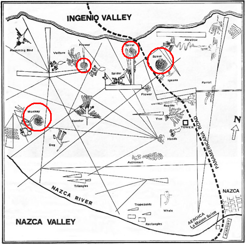 Mapa de las líneas de Nasca
de www.nazcamystery.com con indicaciones solo en inglés,
pero con 4 espirales: mono (monkey), flor (flower) y dos
espirales (spiral) Mapa de las líneas
de Nasca de www.nazcamystery.com con indicaciones solo en
inglés, pero con 4 espirales: mono (monkey), flor (flower) y
dos espirales (spiral)