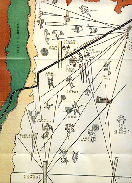 Karte mit den Linien von Nasca von der
                          Webseite von Kleberhoff, mit der Perspektive
                          von den Pyramiden von Cahuachi aus, mit einer
                          guten Position des Aussichtsh�gels, aber mit
                          einem "Astronauten" mit erhobenen
                          Armen