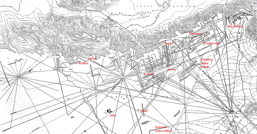 Karte mit den Linien von Nasca von der Webseite von
                Boeckel, mit vielen geraden Linien und mit Relieflinien.
                Gem�ss der Karte des Geographischen Instituts stimmt
                auch die Position des Aussichtsh�gels