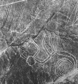 Der
                      reale Geoglyph des Affen, man sieht wie die
                      Institutskarte �berhaupt nicht den realen Linien
                      um den Affen entspricht, sondern in der
                      Institutskarte fehlen zwei Zickzacklinien