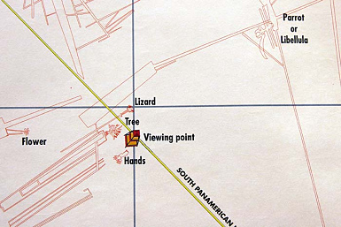 Linien von Nasca, Detail der Institutskarte
                        mit den Geoglyphen Blume, Echse, Baum, H�nde und
                        Papagei / Libelle, und mit dem Aussichtsturm