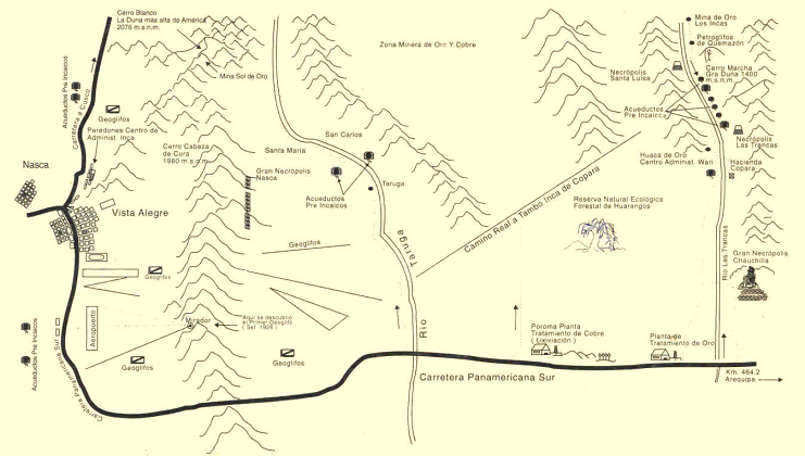 Karte mit der Angabe von Geoglyphen zwischen Nasca,
                Vista Alegre, Weissem Berg ("Cerro Blanco")
                und dem Tal des Taruga-Flusses ("R�o Taruga")