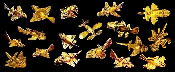 Gem�ss Historikern
                      reisten die alten Kulturen der Vorzeit in
                      S�d-"Amerika" mit diesen Flugzeugen
                      herum (hier die Modelle des Goldmuseums von
                      Bogota)