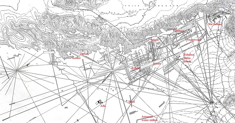Karte mit den Linien von Nasca von der Webseite von
                Boeckel, mit vielen geraden Linien und mit Relieflinien.
                Gem�ss der Karte des Geographischen Instituts stimmt
                auch die Position des Aussichtsh�gels