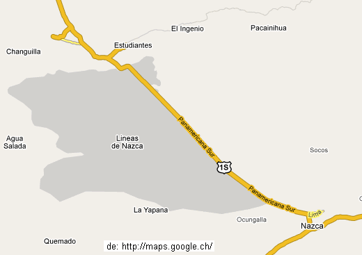 Die Karte von Nasca mit der Ebene von
              Nasca mit dem realen Verlauf der Panamericana
              (http://maps.google.ch/)
