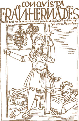 Rassist Francisco Hernandez Girón auf einem
Titelblatt seiner "Kolonialbesetzung"
("conquista"), erwähnte die Linien von Nasca
im Jahre 1554 Rassist Francisco Hernandez Girón
auf einem Titelblatt seiner
"Kolonialbesetzung" ("conquista"),
erwähnte die Linien von Nasca im Jahre 1554
