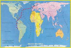 Weltkarte mit der
eingezeichneten Strecke von Hamburg nach Lima
(Hafen Callao) Weltkarte mit der
eingezeichneten Strecke von Hamburg nach Lima
(Hafen Callao)