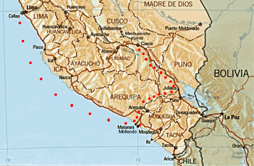 Map of the trip of Maria Reiche from Cusco over
Arequipa to Mollendo by train, and then from Mollendo to
the port of Callao near Lima by ship Map of the trip of Maria Reiche
from Cusco over Arequipa to Mollendo by train, and then
from Mollendo to the port of Callao near Lima by ship