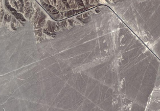 Satellite photo of a part of the Nasca
lines with the road of Southern Panamericana in the
Nasca desert. One can see only direct lines and runways.
Later Mrs. Maria Reiche also detected the figures. Satellite photo of a part of the
Nasca lines with the road of Southern Panamericana in
the Nasca desert. One can see only direct lines and
runways. Later Mrs. Maria Reiche also detected the
figures.