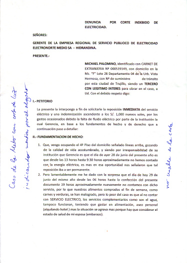 Carta
                        mentirosa de Sr. "Dr. Carlos Koo
                        Serrano", abogado, contra la Hidrandina,
                        p�gina 1