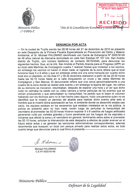 Denuncia contra una fiesta ilegal de la
                            partida del alcalde Acu�a del 7 a 8 de
                            diciembre 2010, denuncia del 21 de diciembre
                            2010